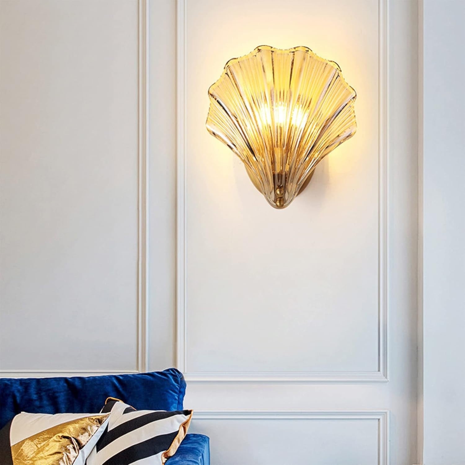 Amber Glass Shell Wall Sconce, Elegant LED Lamp, Modern Bedroom Light