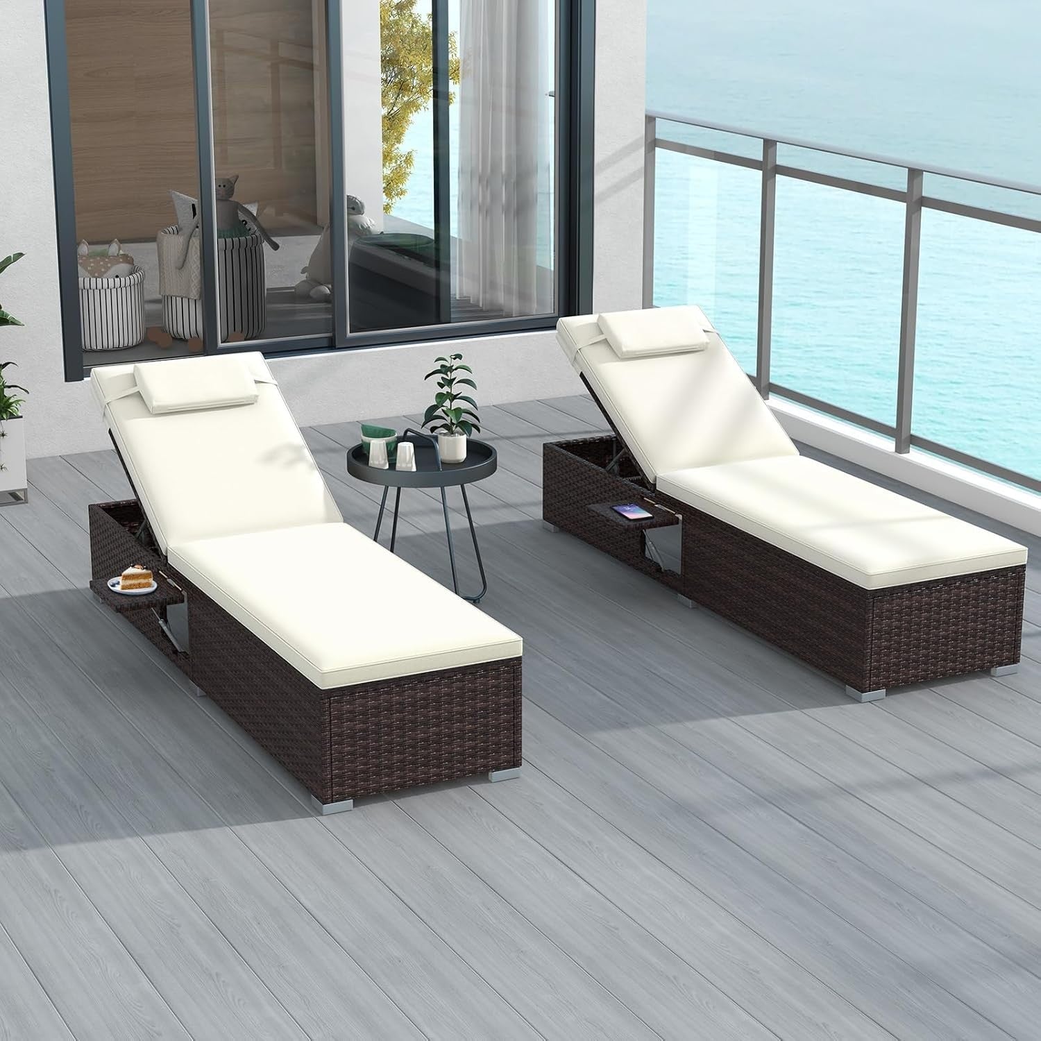 Adjustable 6-Level Rattan Sun Lounger with Cushion & Folding Table, Off-White