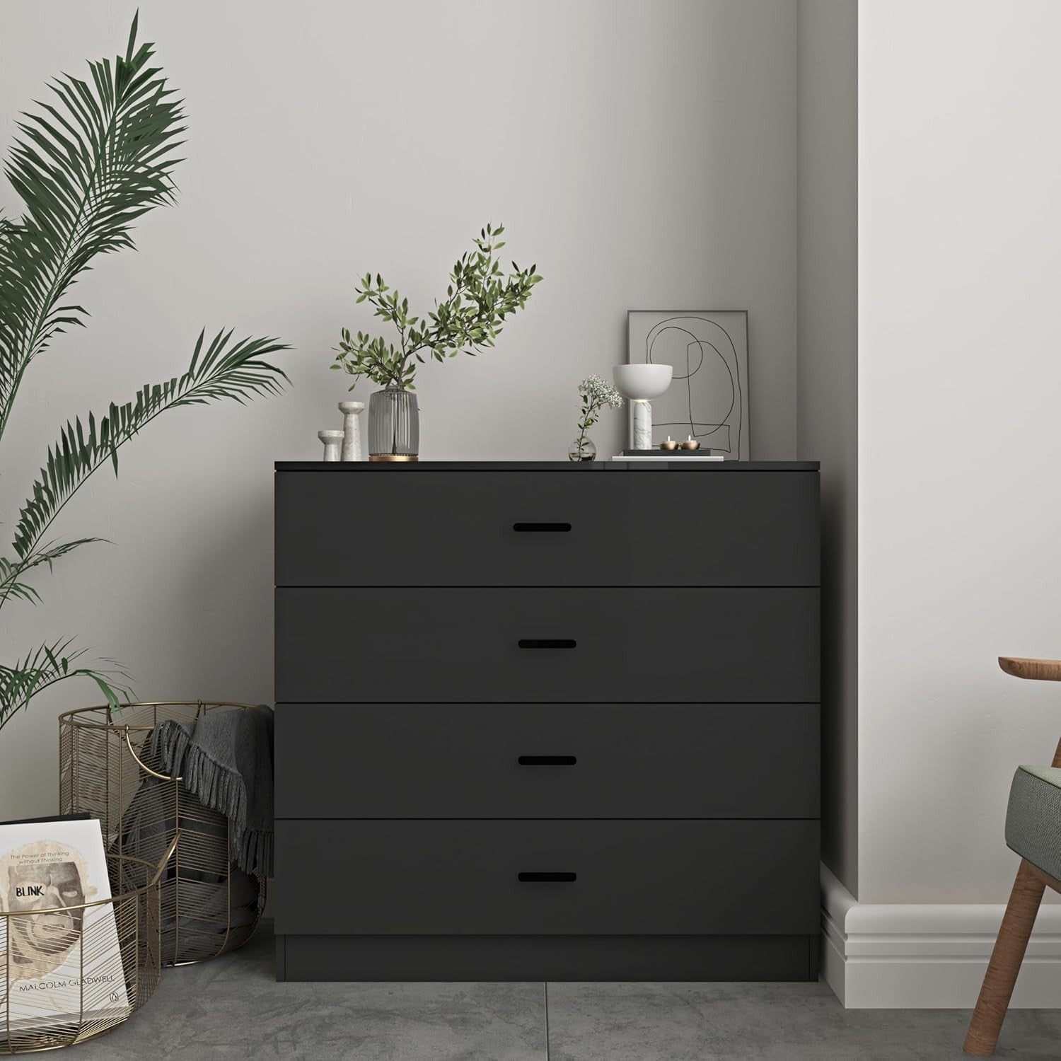 4 Drawer Black Wooden Bedroom Chest Storage Cabinet Polished Finish