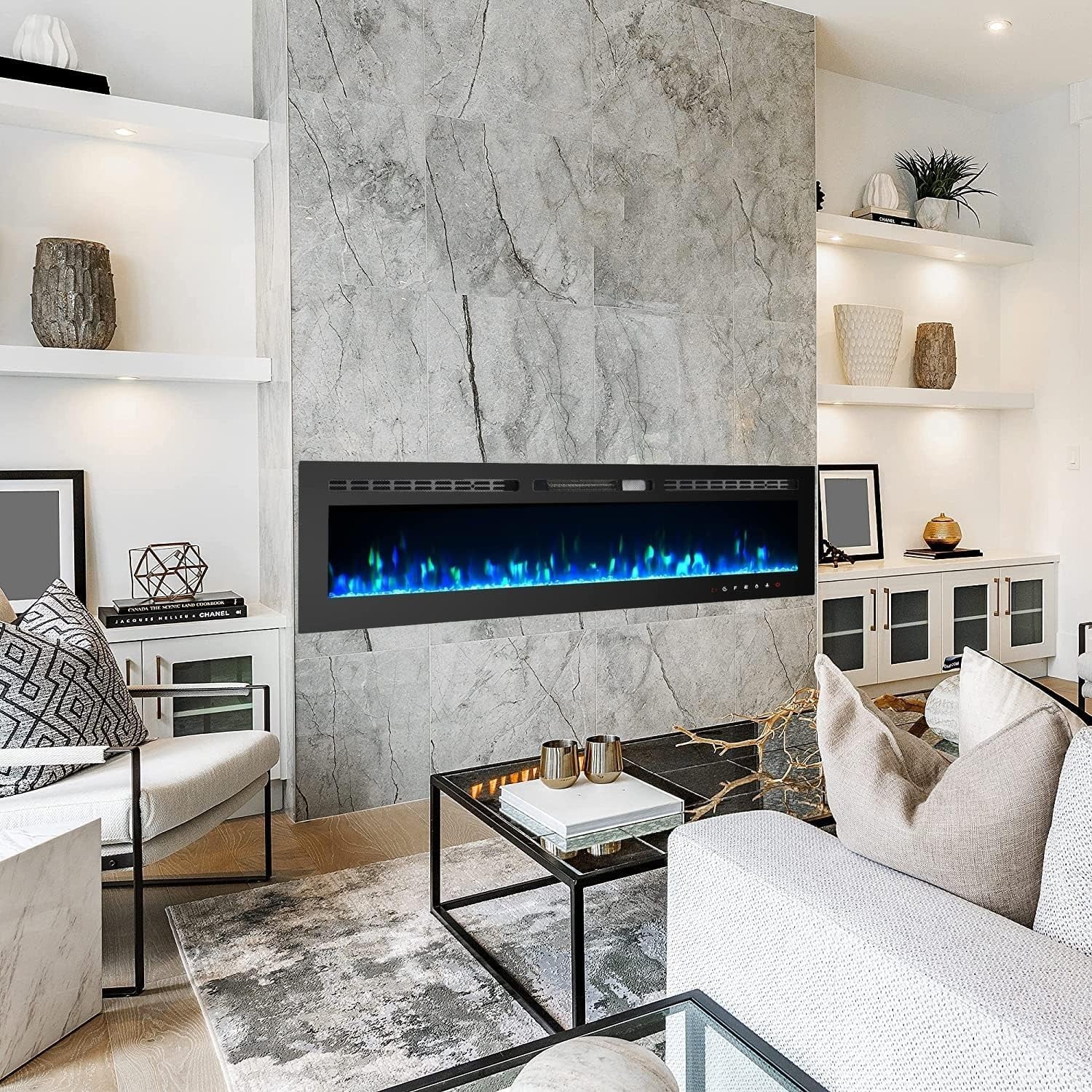 Electric Wall-Mounted Fireplace Heater 1800W Touch Screen Flame Effect