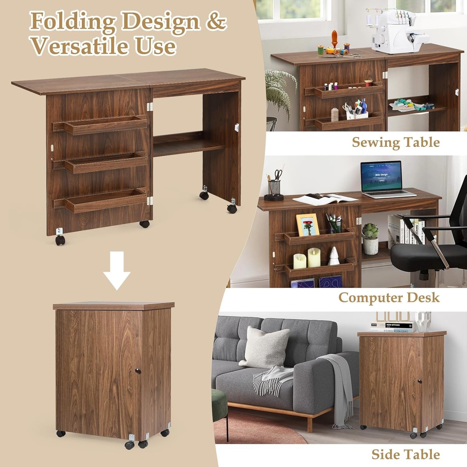Folding Sewing Table 117cm Mobile Craft Desk with Shelves & Wheels Brown