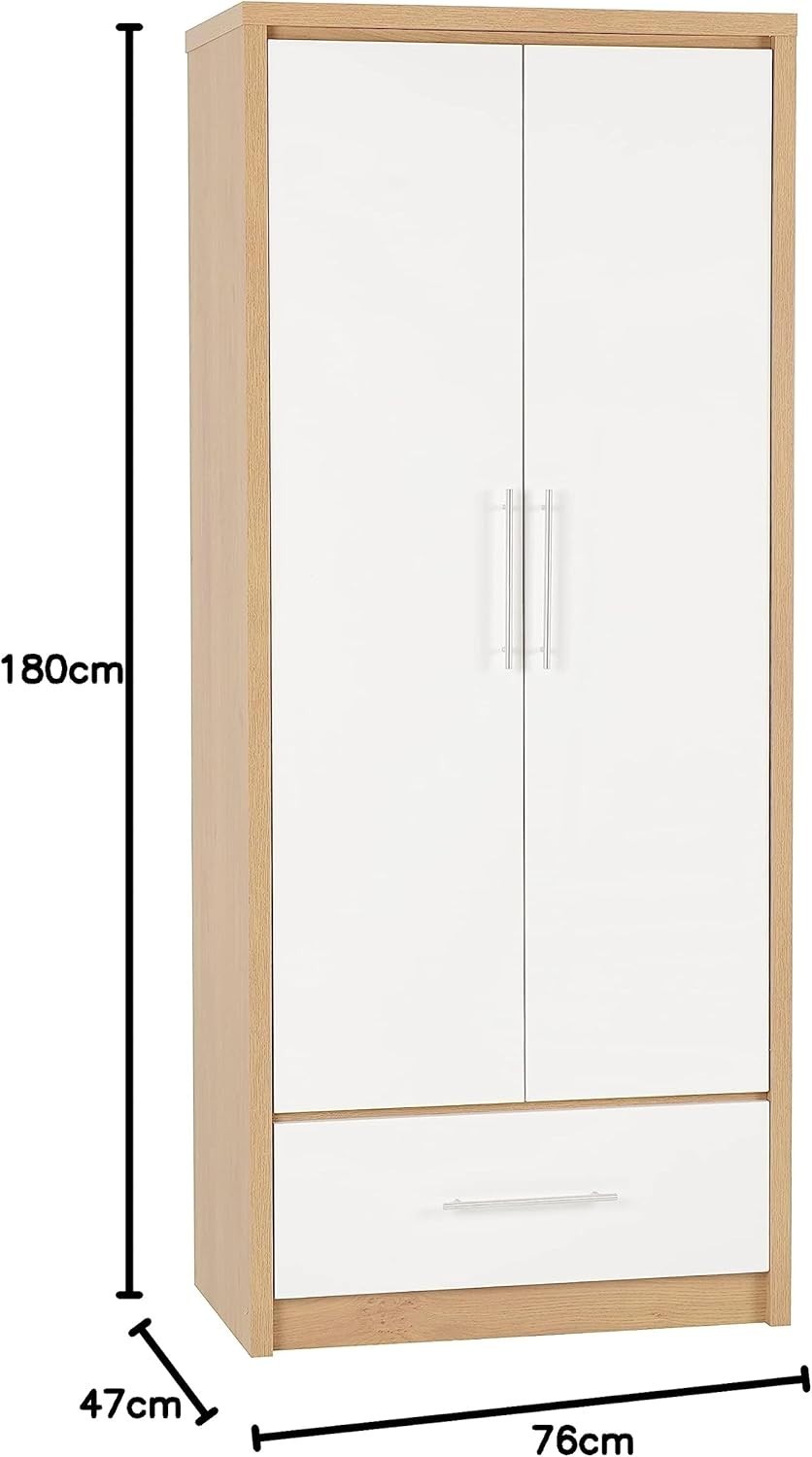 White Gloss 2 Door Wardrobe with Drawer Oak Effect – Lockable Storage Unit