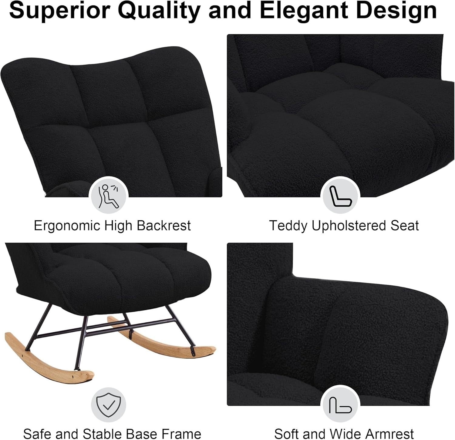 Rocking Chair Nursery Glider Comfy Armchair High Back Padded Seat Black Teddy