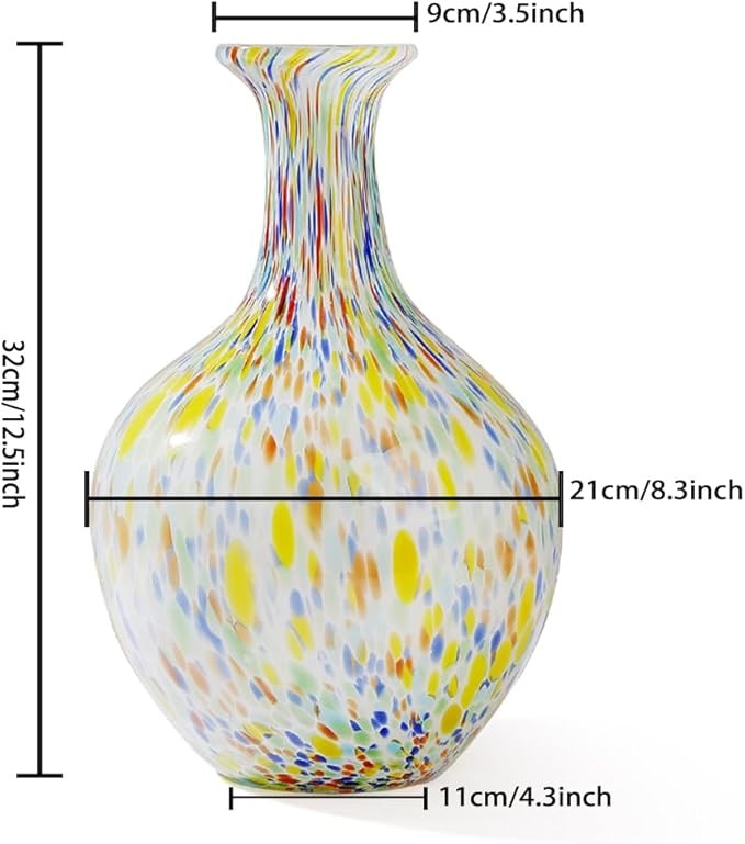 Hand Blown Colorful Glass Vase 12.5in Round Art Decor Wide Mouth