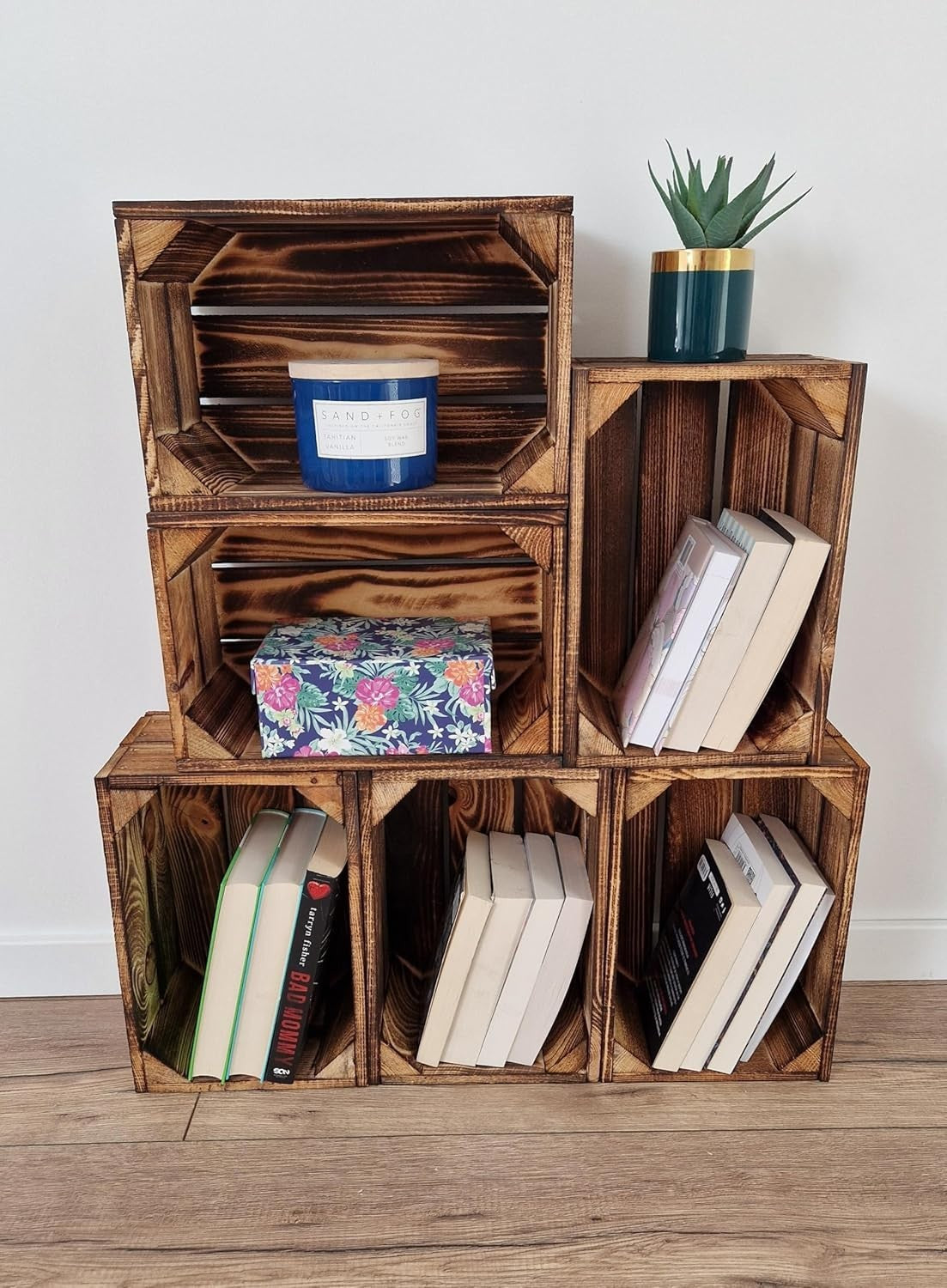 3-Piece Burnt Effect Wooden Storage Crates Organizer 30x20x15cm Durable