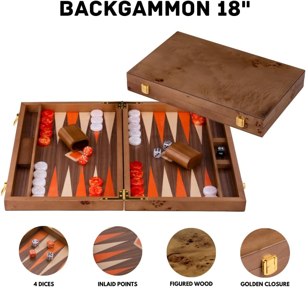 Luxury Wooden Backgammon Set 18 Inch Burl Wood Board with Dice Cups