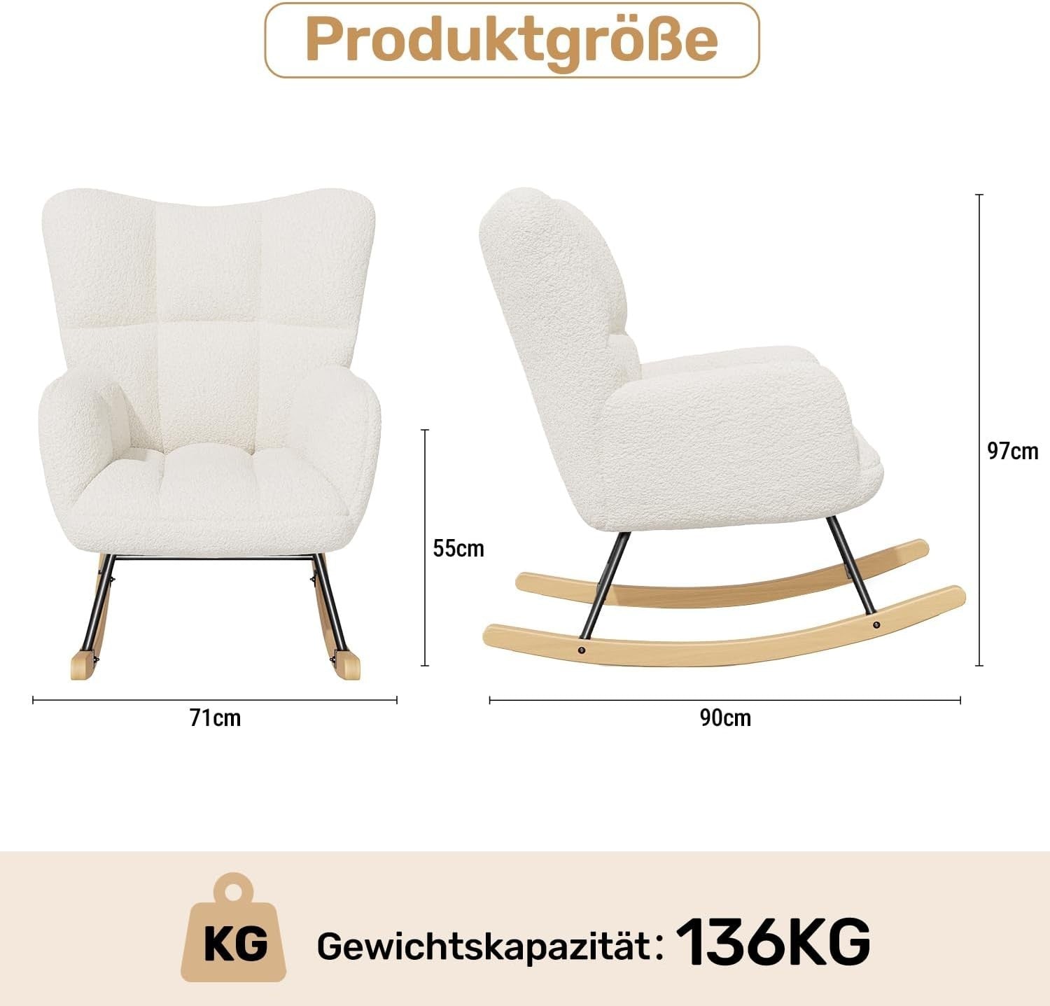 Ivory Rocking Chair Tufted Lambswool Armchair Nursery Lounge Seat