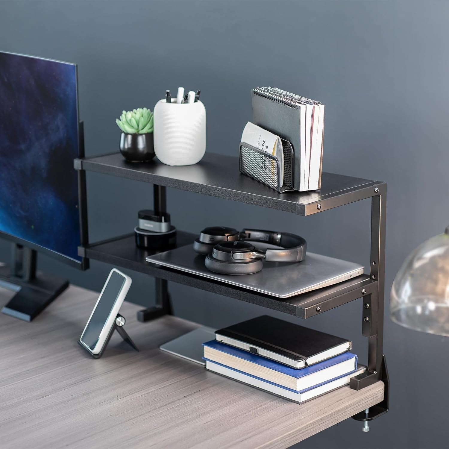 Clamp-On Desk Shelf 2-Tier 61cm Above/Below Mount Storage Organizer Black