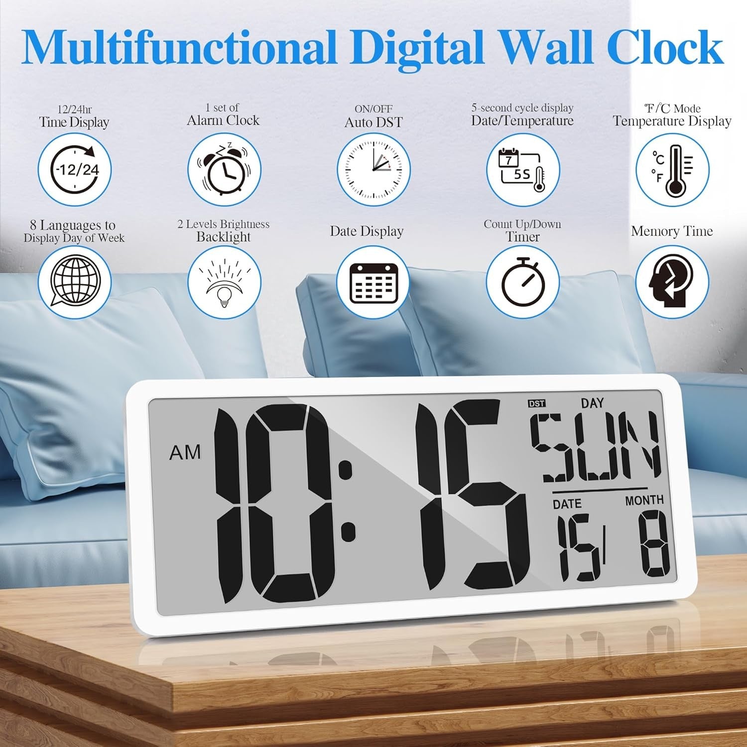 Large Digital Wall Clock 15'' LED Display Alarm Date Temp Backlight