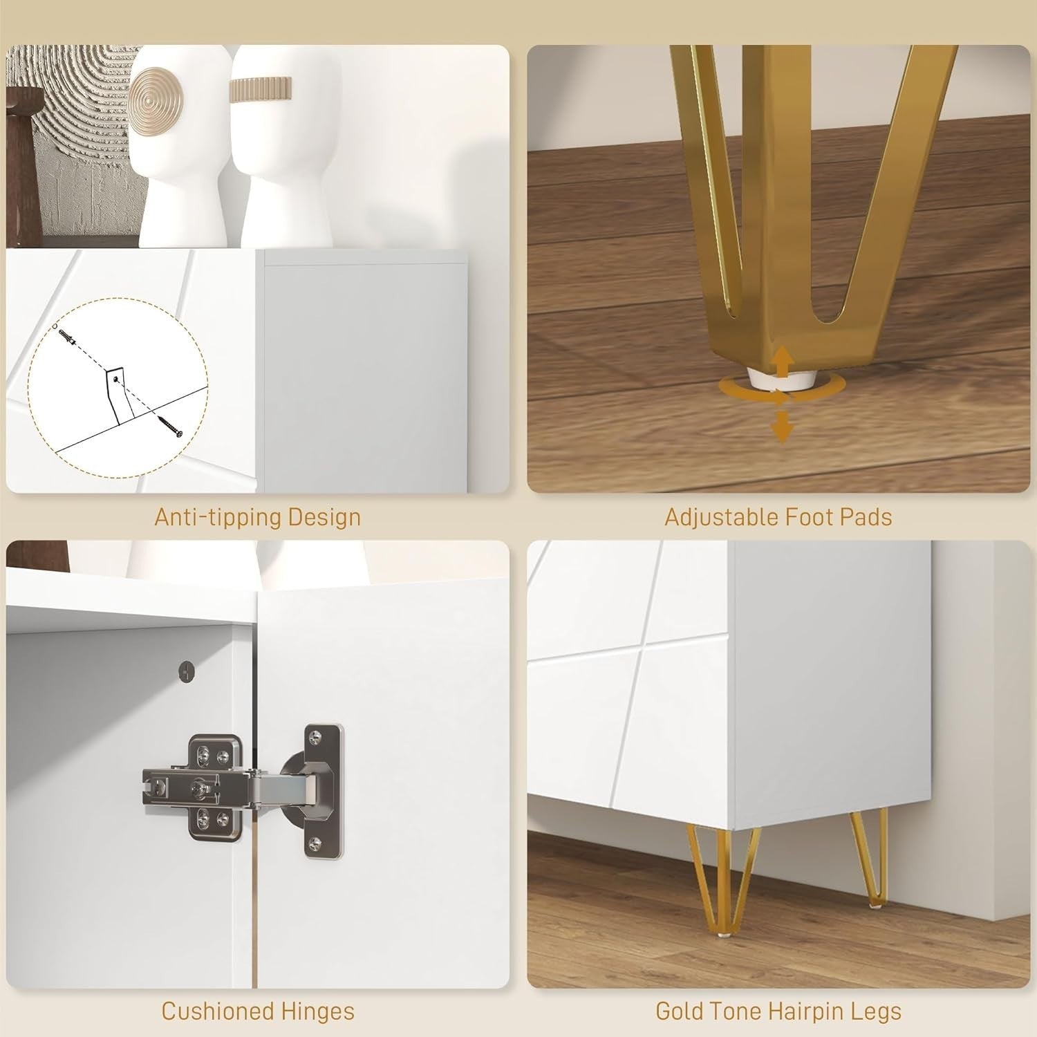 High Gloss Sideboard Cabinet White Gold Legs Modern Storage Unit 120cm