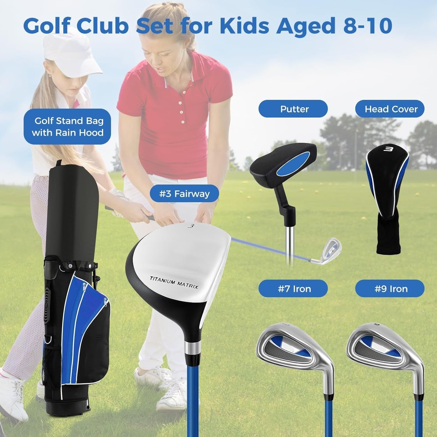 Kids Right Hand Golf Club Set Age 8–10 Fairway Irons Putter Stand Bag