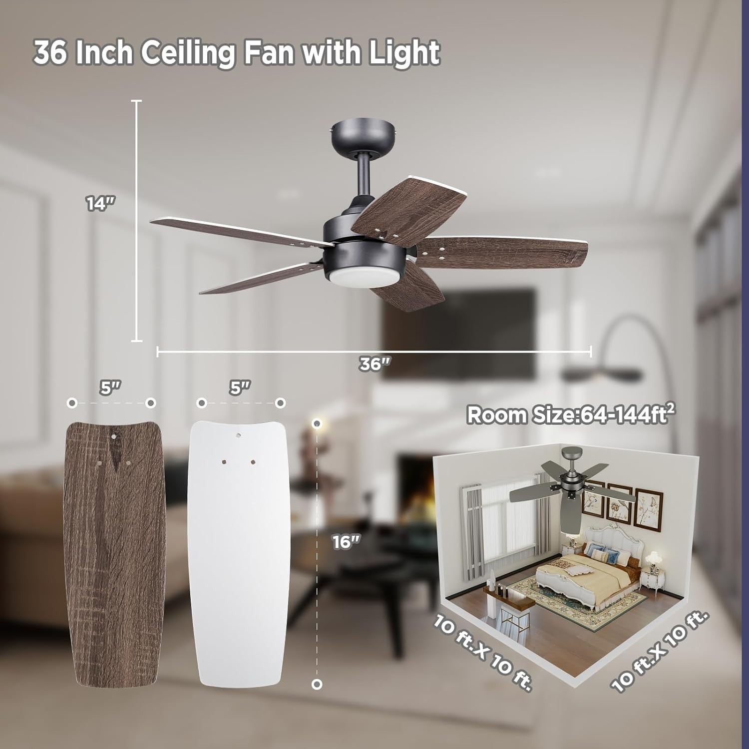 36" Ceiling Fan Light, 6 Speeds, Reversible, Dimmable, Remote, Quiet