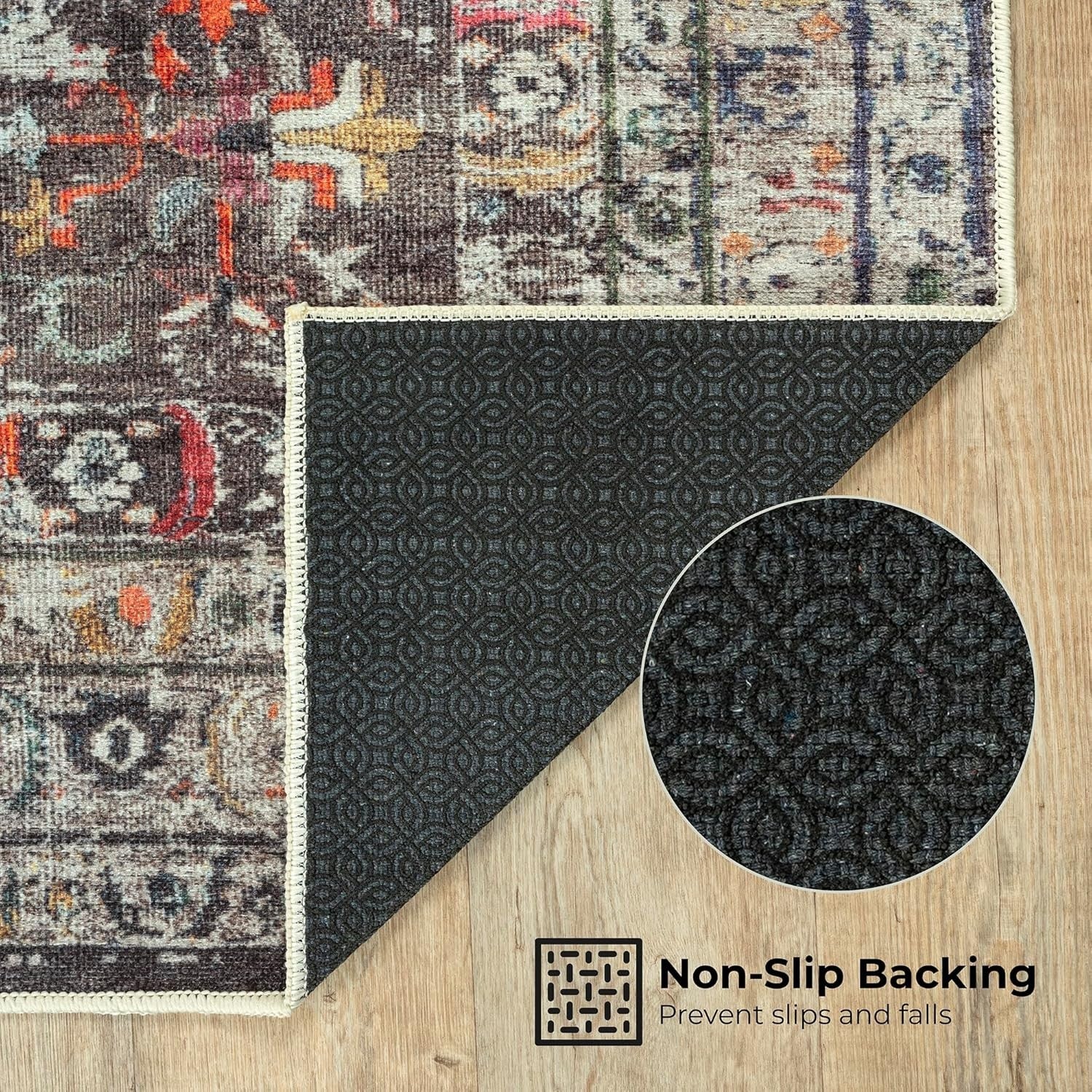 Washable Runner Rug 60x180cm Non-Slip Short Pile Opal Charcoal Vintage Hallway