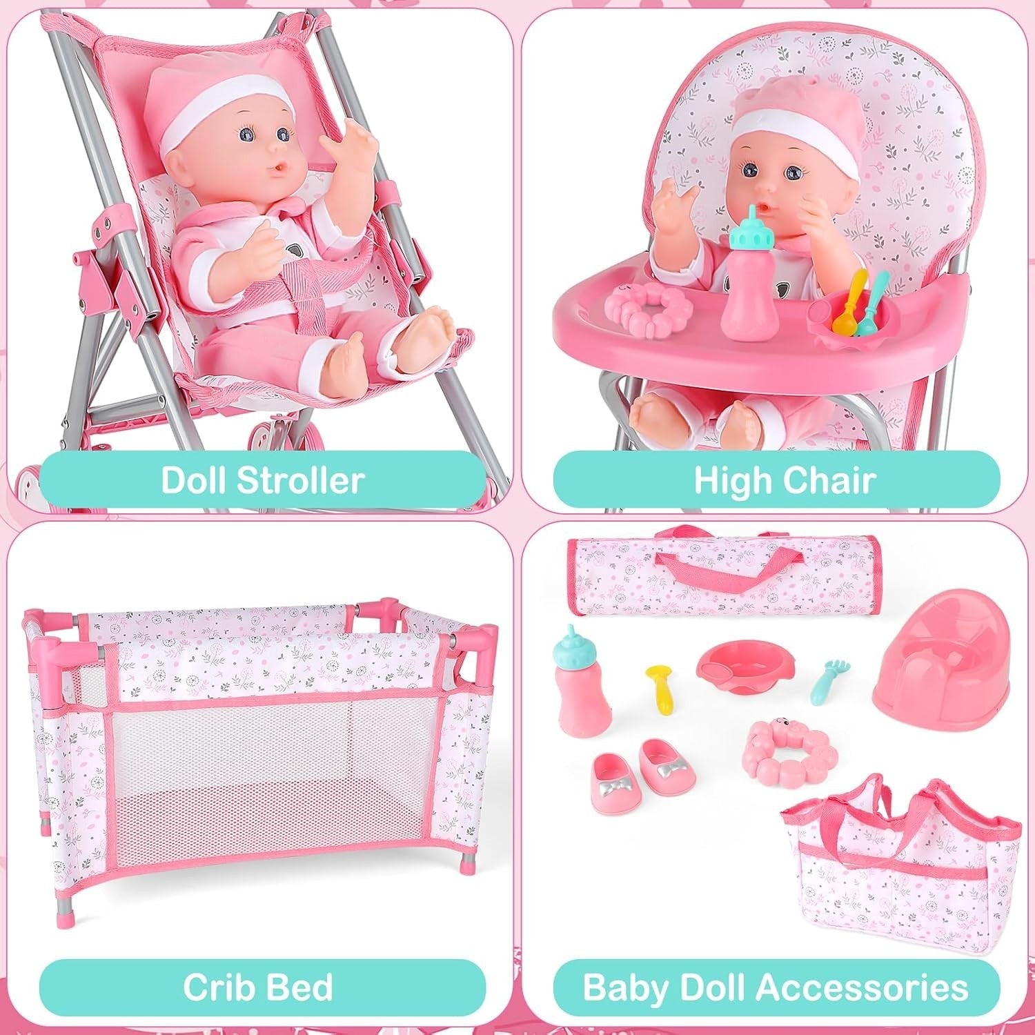 Baby Doll Stroller Playset Foldable Pram Cot Highchair Accessories