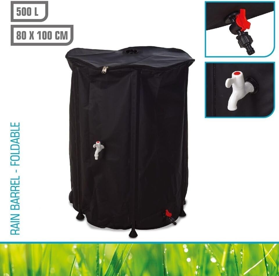 500L Black Collapsible Rainwater Barrel with Tap Foldable Outdoor Water