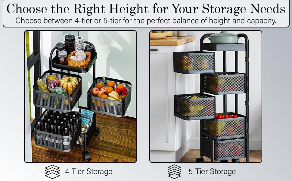 5 Tier Rotating Storage Trolley on Wheels Kitchen Bathroom Basket Rack Black