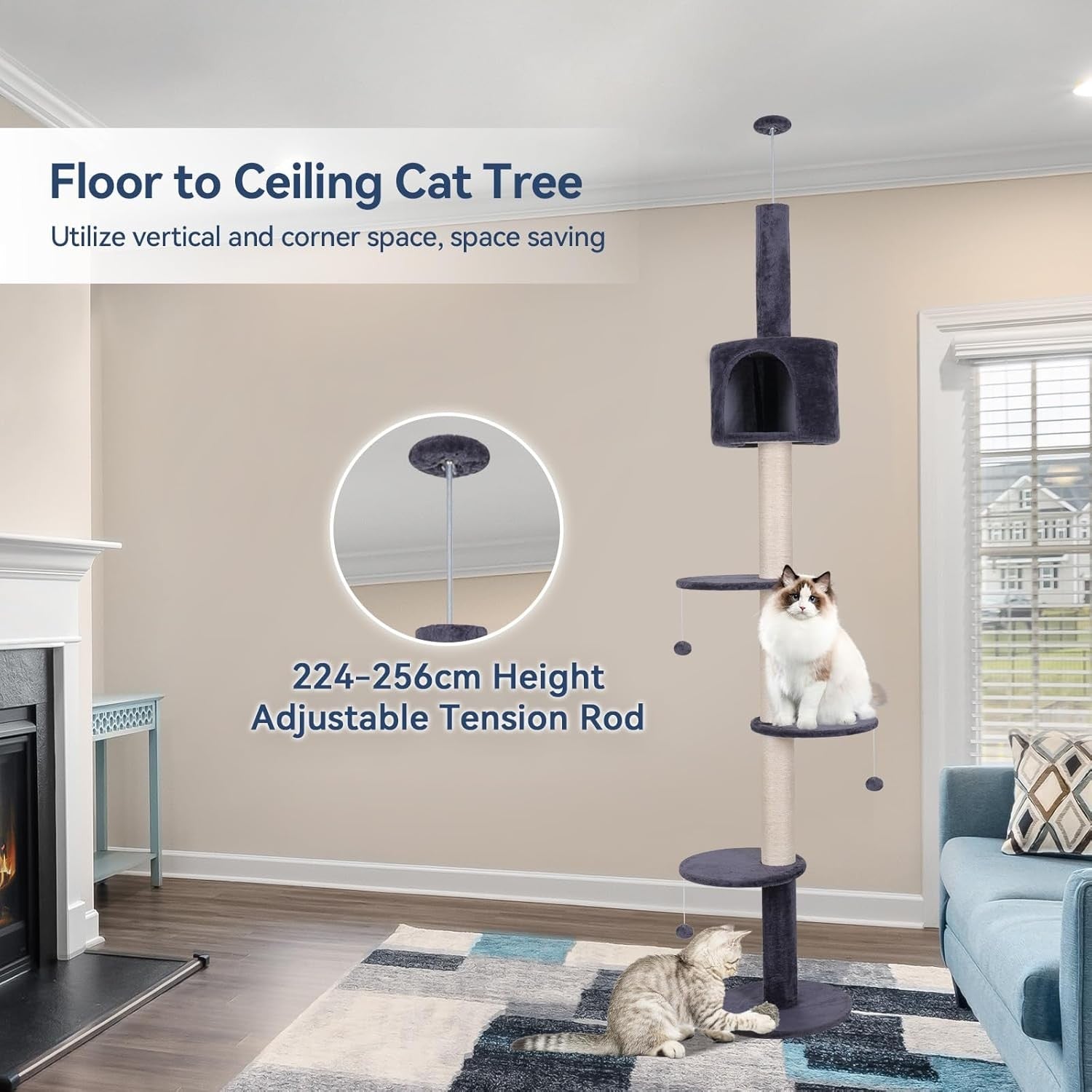 Floor to Ceiling Cat Tree 260cm Adjustable Tower Scratching Post