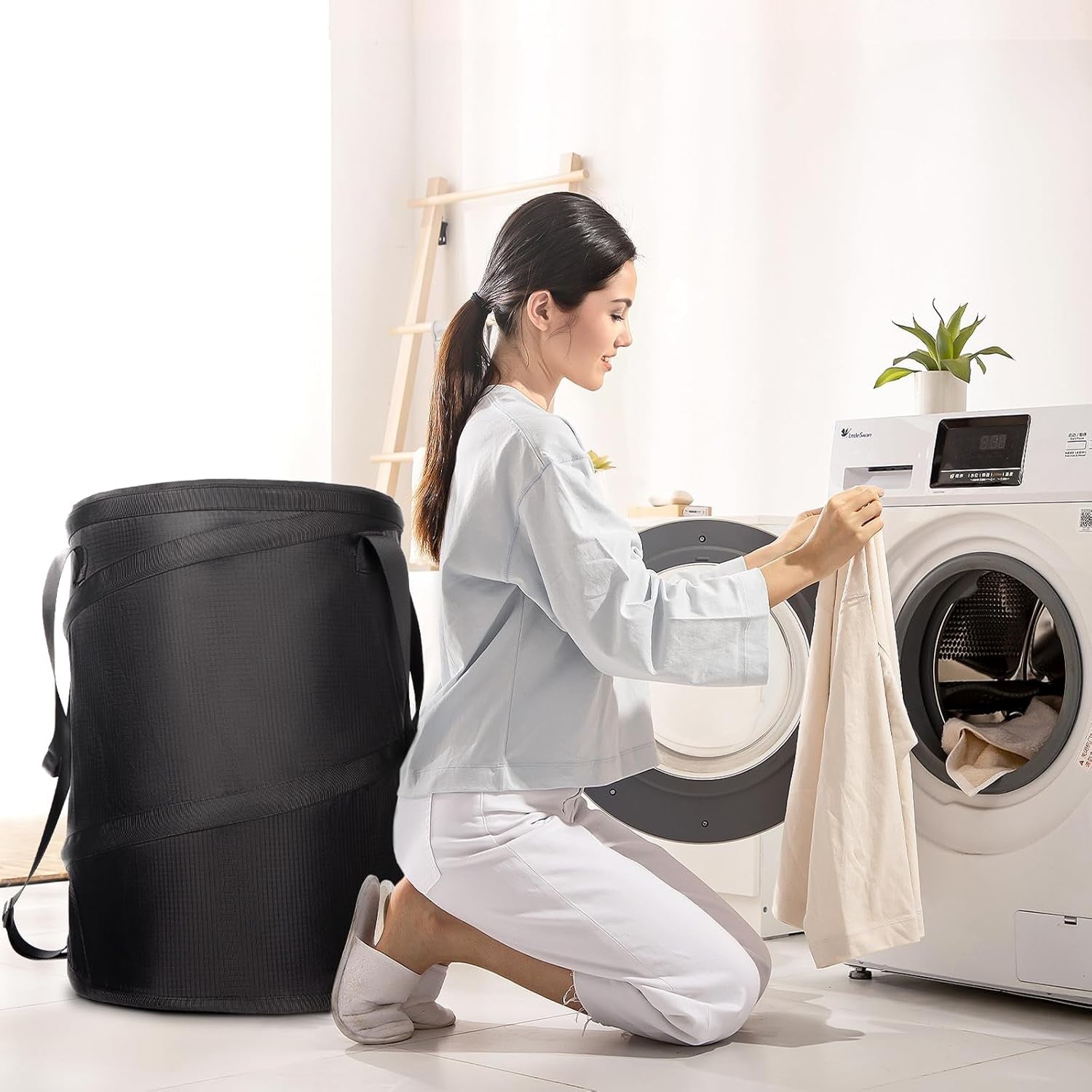 Large Rolling Laundry Hamper with Wheels Pop Up Clothes Basket Trolley Bag Black