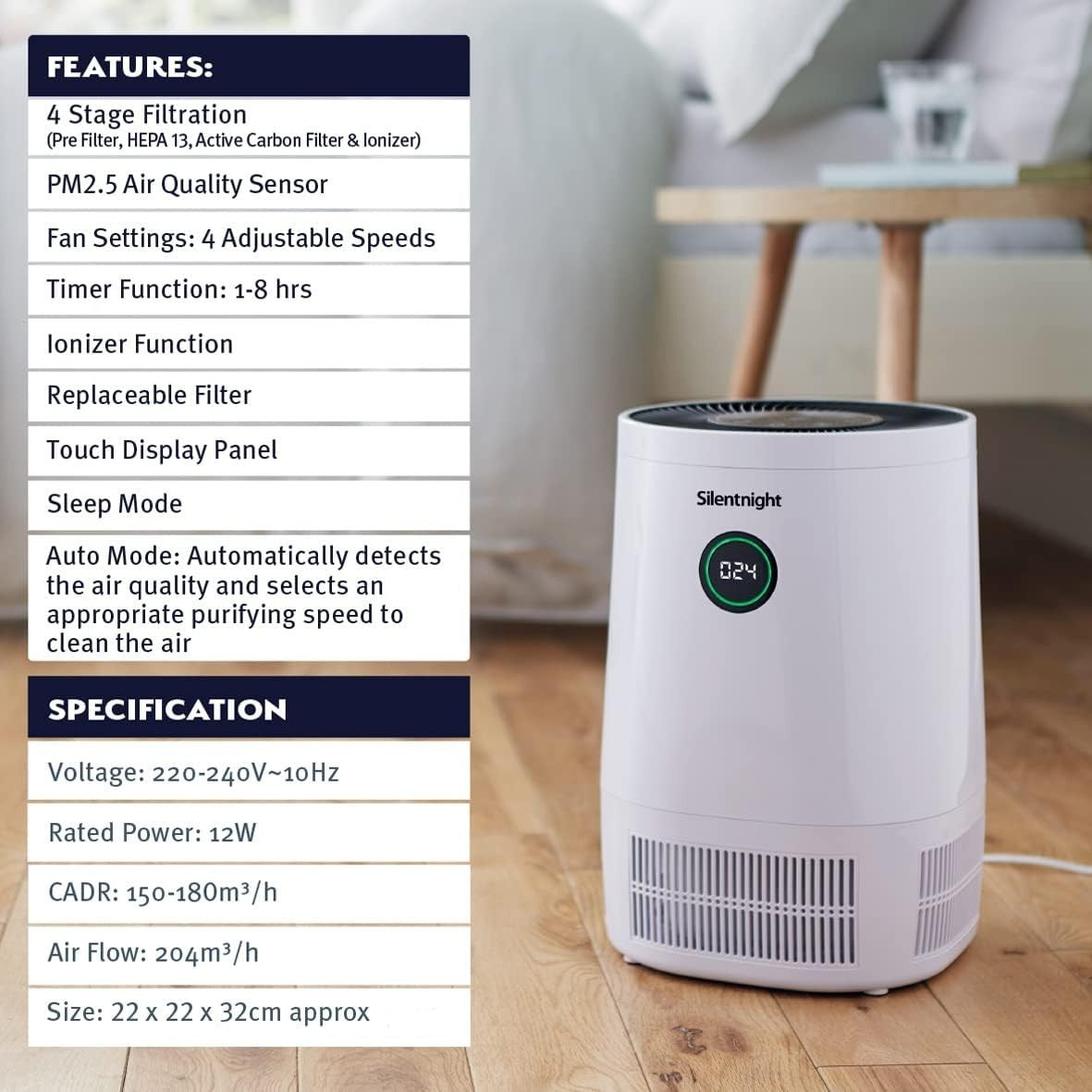 HEPA Air Purifier Carbon Filter PM2.5 Sensor Quiet Sleep Mode Timer
