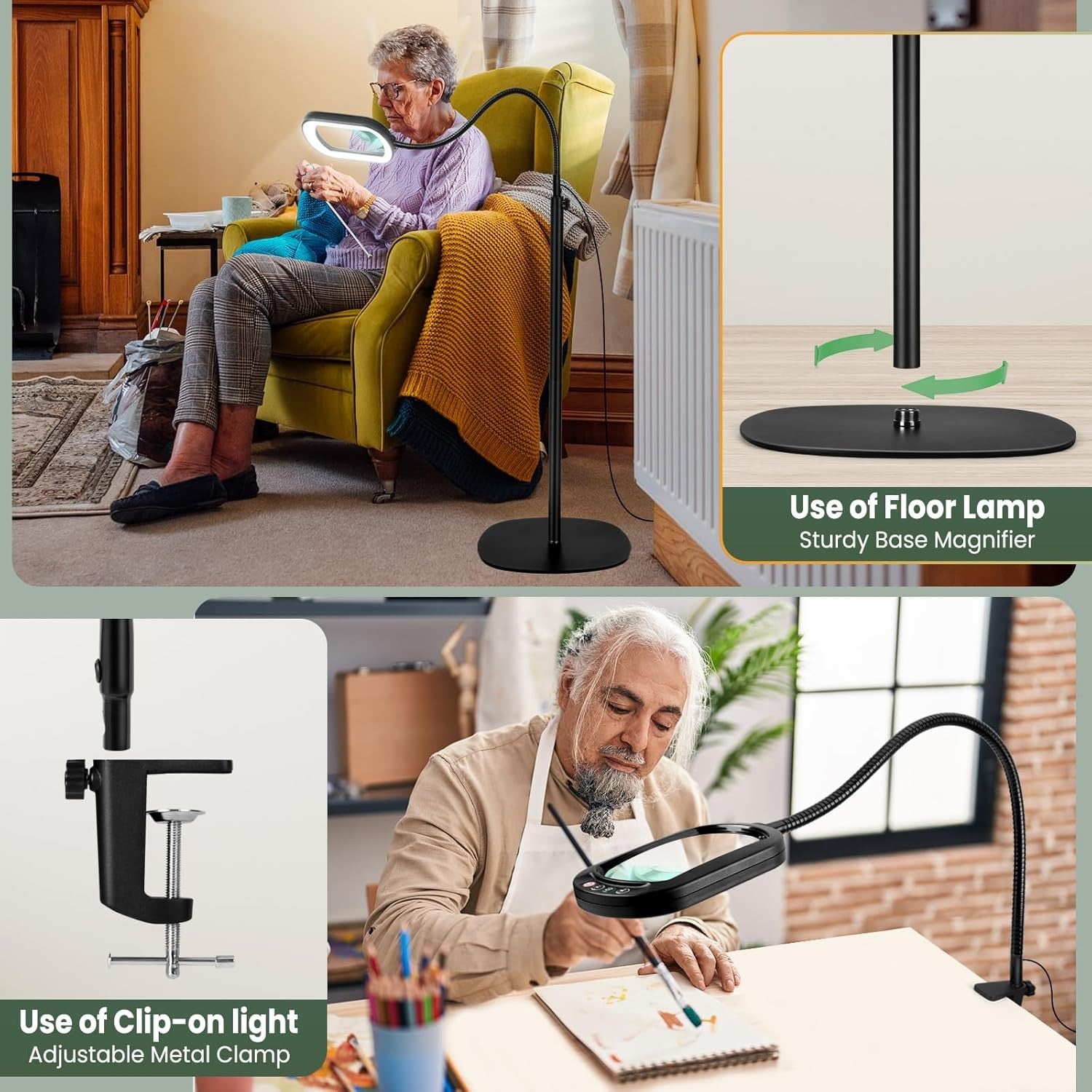 10X LED Magnifying Floor Lamp Black Hands Free Rectangular Lens Dimmable