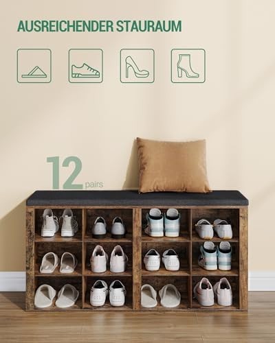 Rustic Brown Shoe Bench with 12 Compartments & Padded Seat Storage