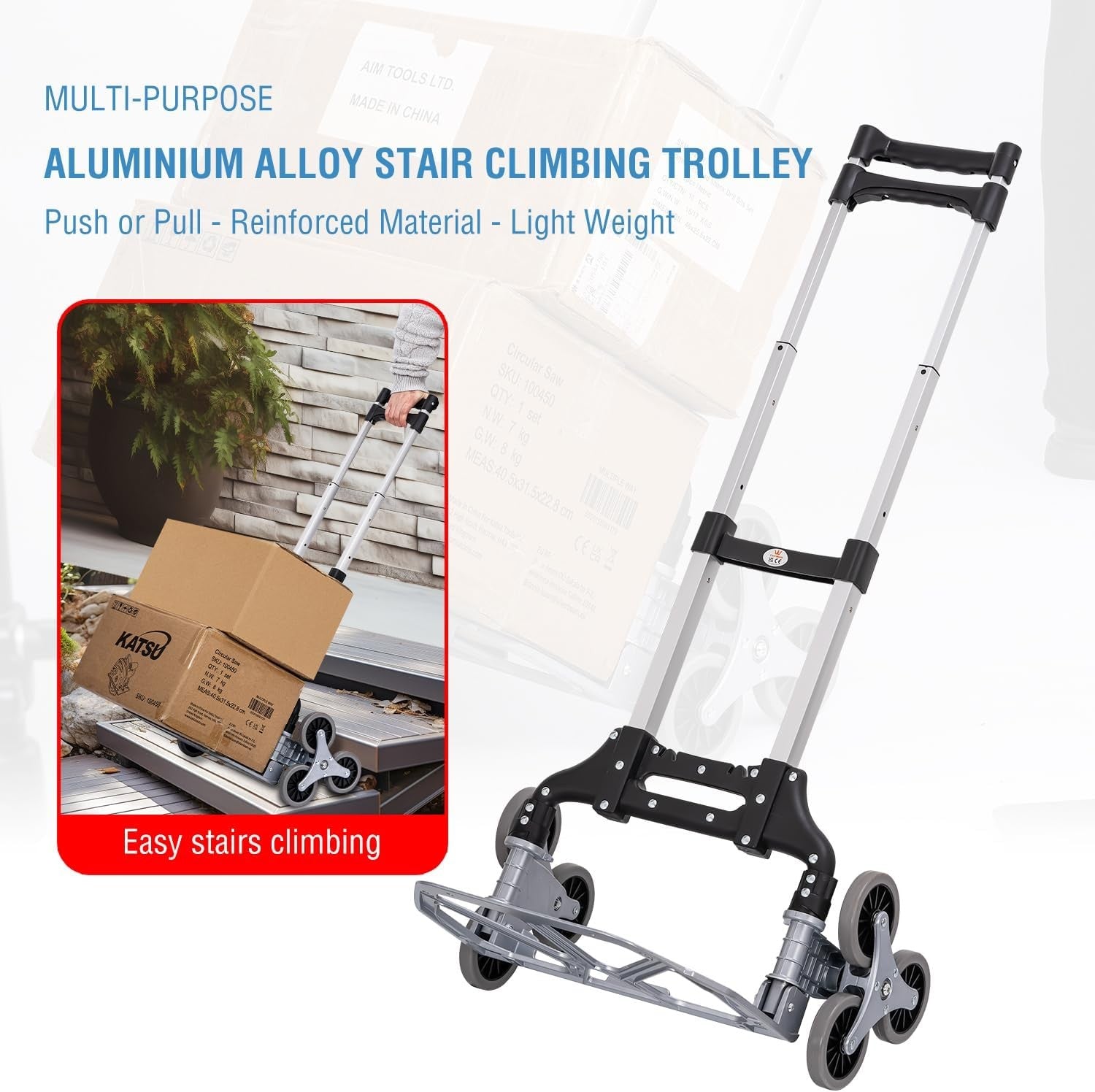 Folding Hand Truck Stair Climbing Trolley Aluminium 70kg Adjustable Wheels