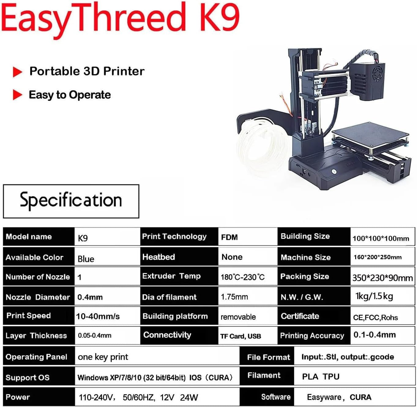 Mini 3D Printer 100mm Build One Key Print Quiet Compact CE Safe