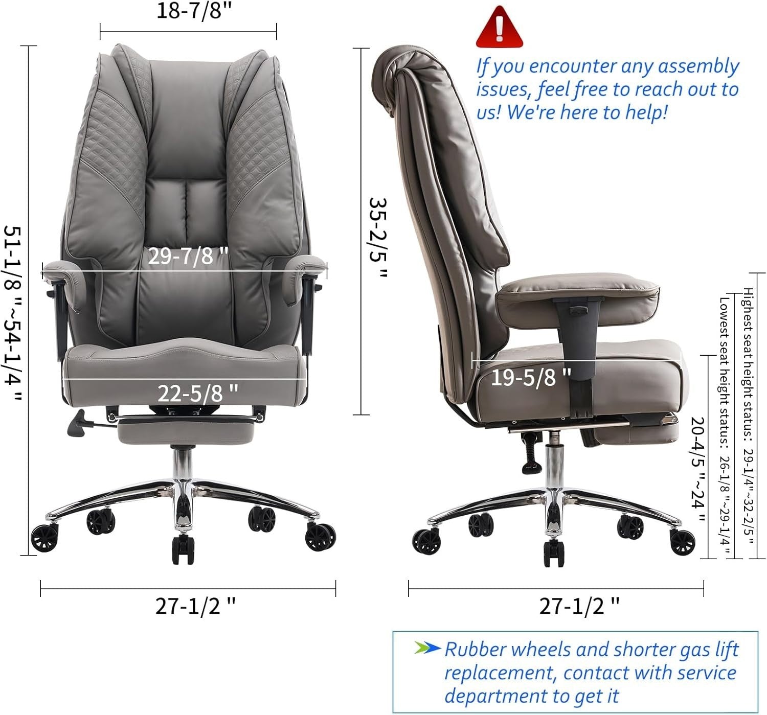 Big & Tall Office Chair Oversized Heavy Duty 400lb Max Load Grey Faux Leather