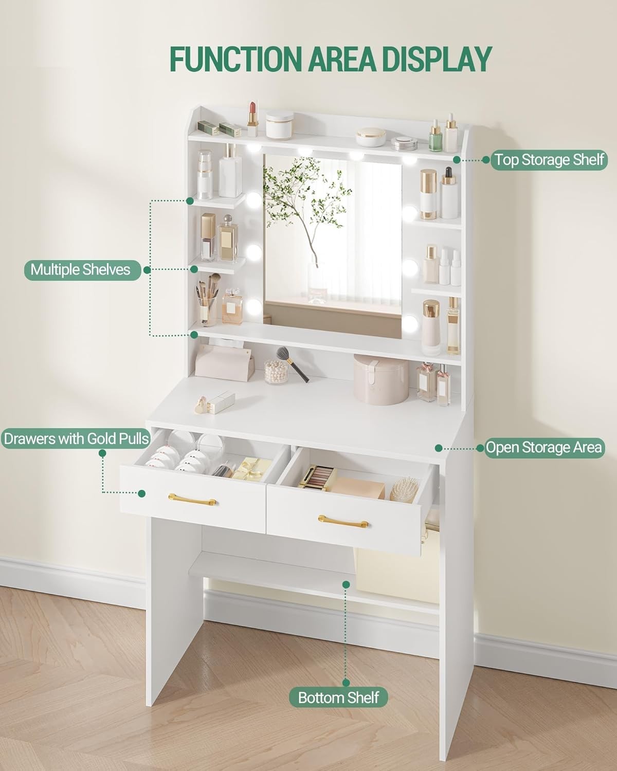 White Dressing Table Makeup Vanity Desk LED Lights Mirror Storage Drawers