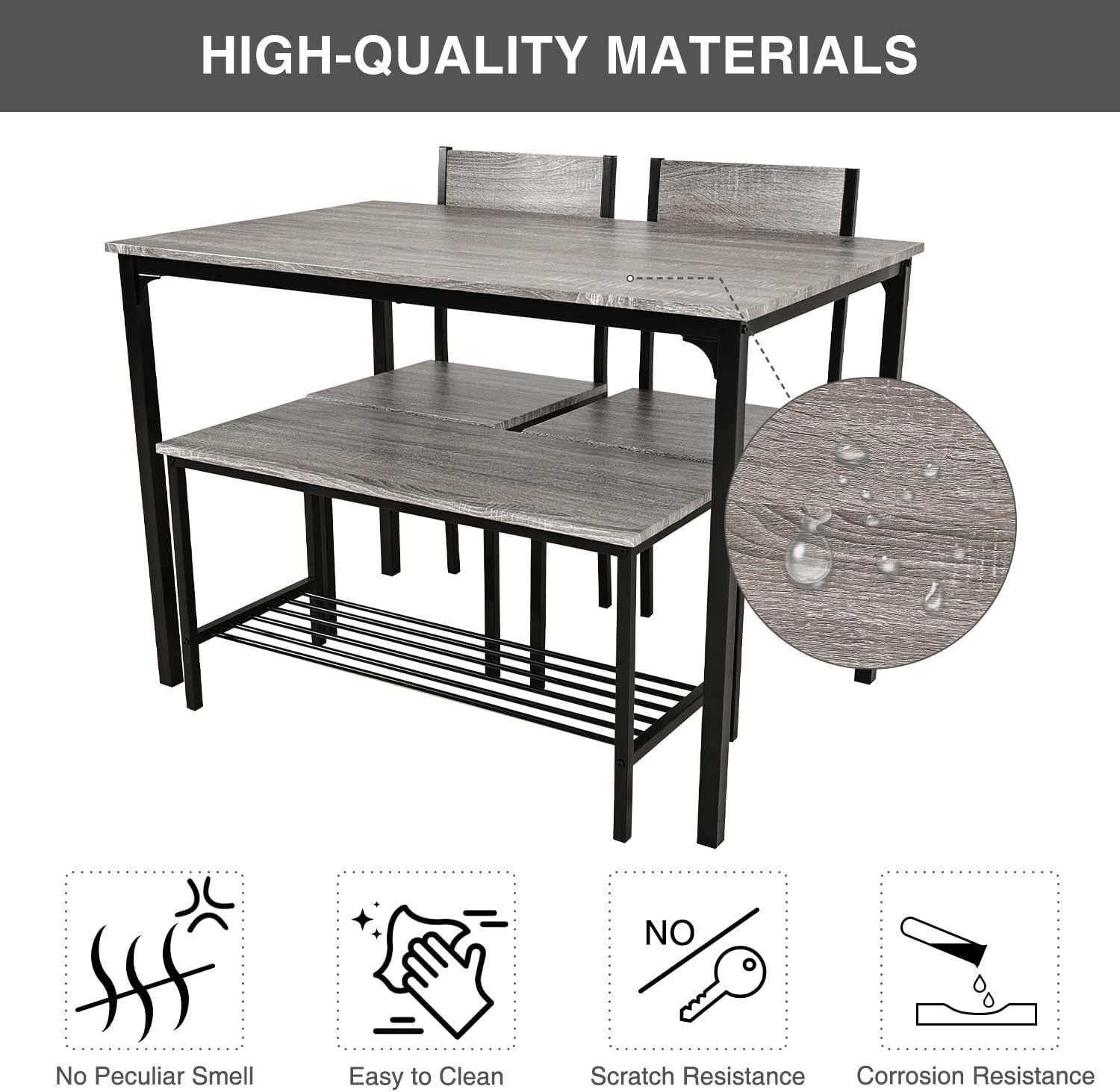 4-Piece Grey Dining Set with Bench & Chairs | Space Saving Kitchen Table