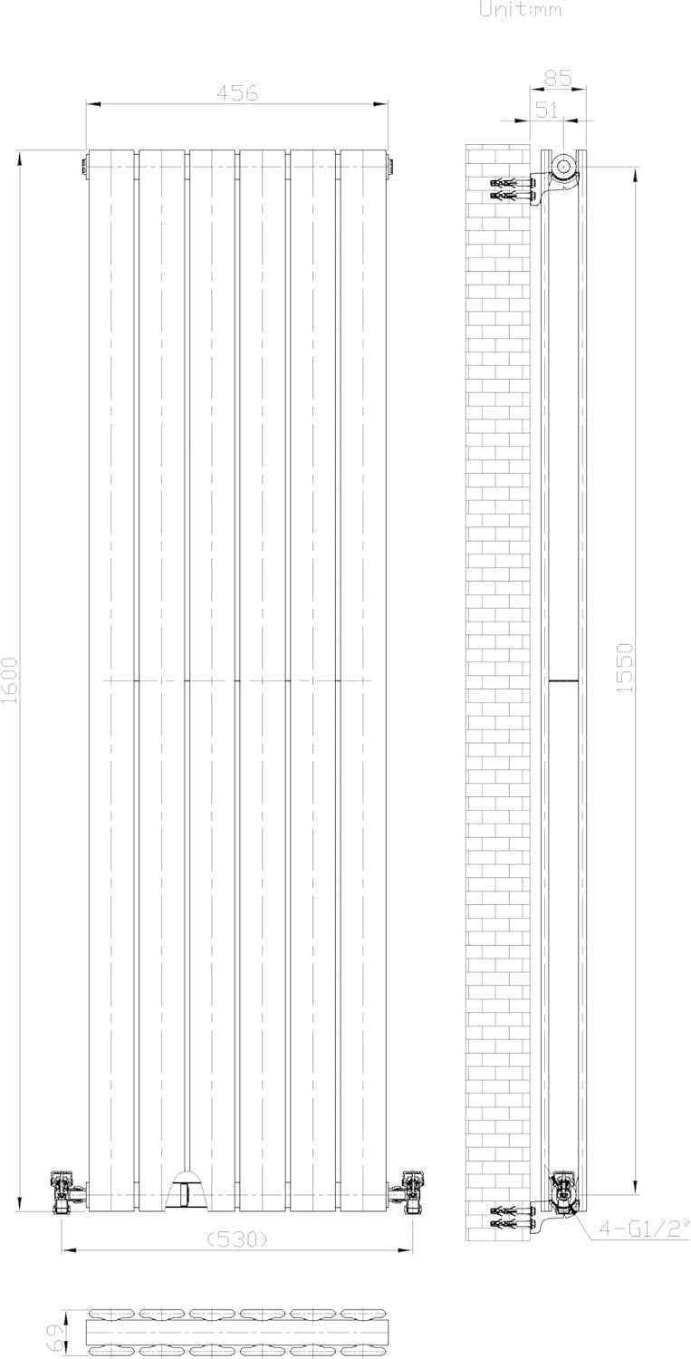 Slim Vertical Anthracite Radiator | Double Panel | 1600x456mm | Bathroom/Kitchen