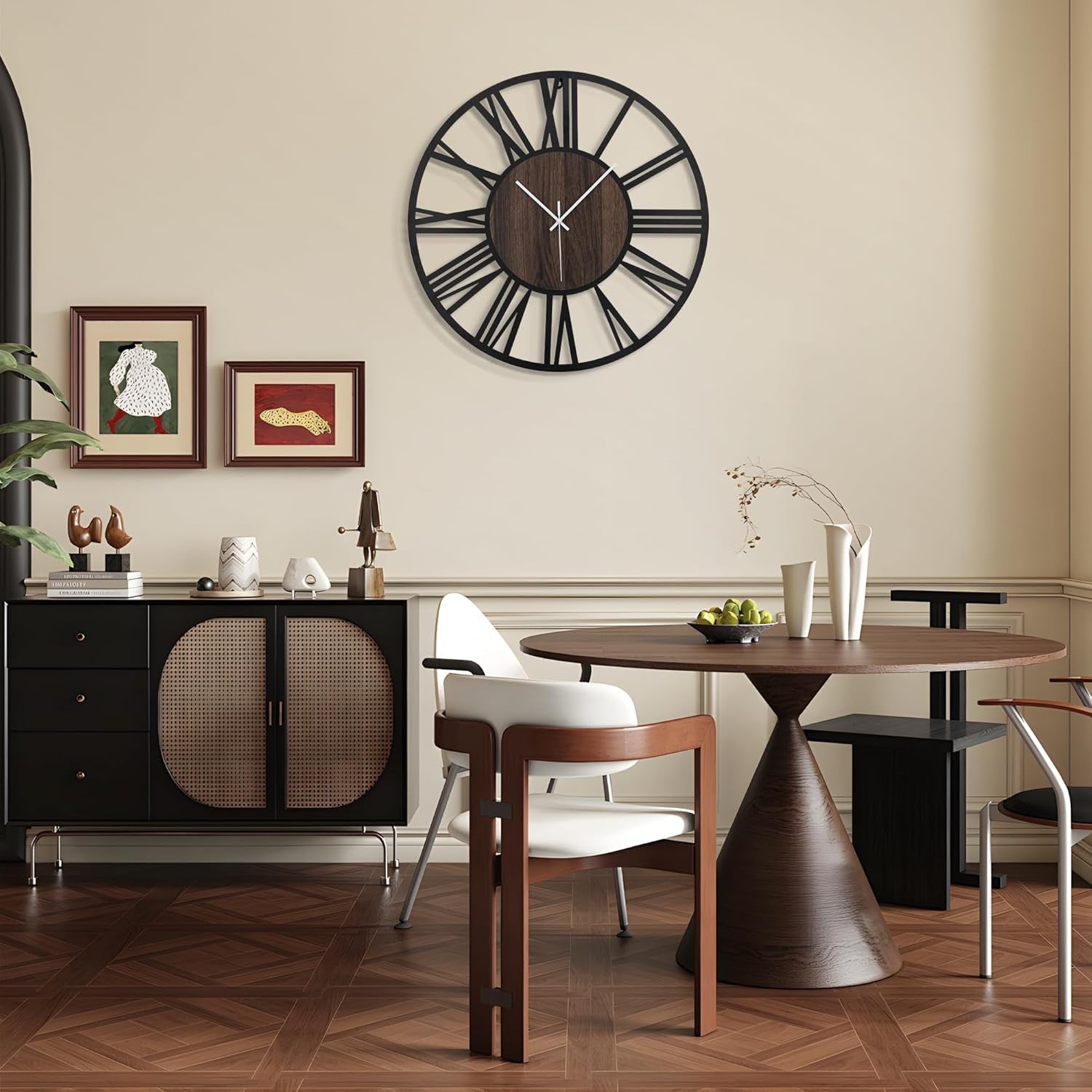 20" Large Wall Clock Dark Wood & Metal Silent Roman Numerals Modern Decor