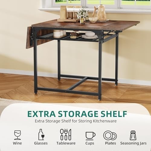 Rustic Brown Folding Dining Table Drop Leaf with Storage 120cm