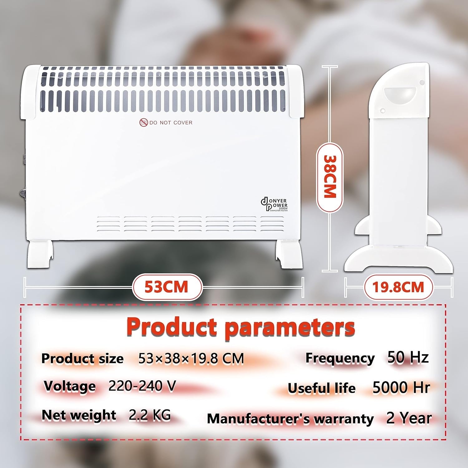 2000W Freestanding Convector Heater with Adjustable Thermostat & Safety