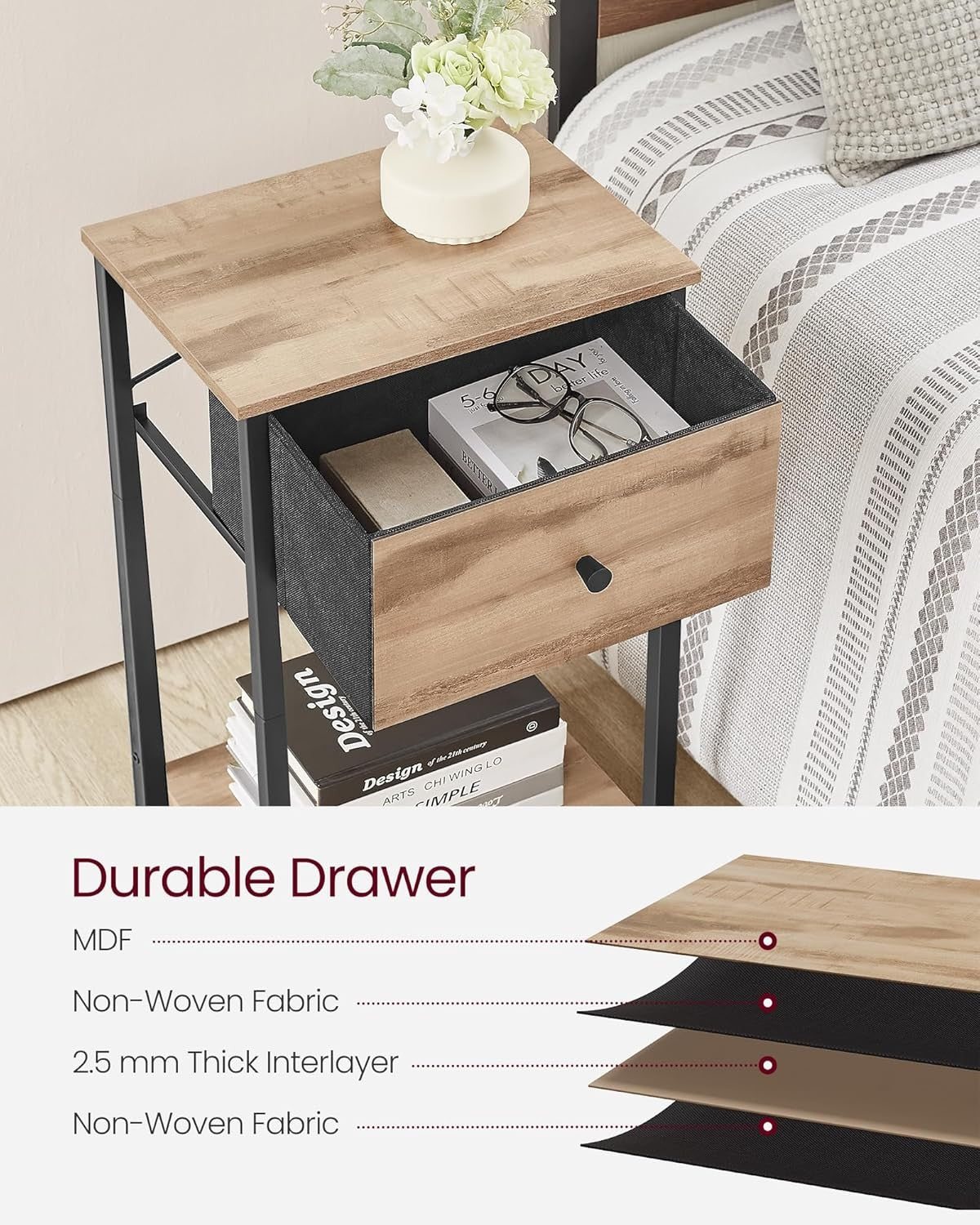 Tall Oak Bedside Table with Drawer & Shelf, Modern 24-Inch Nightstand Storage