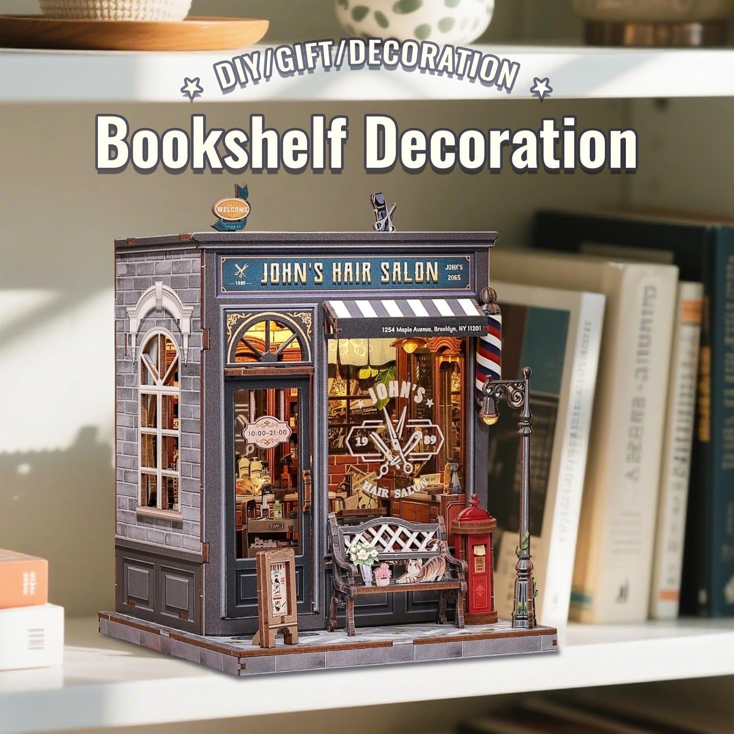 DIY Book Nook Kit Retro Barbershop Miniature LED Bookshelf Decor