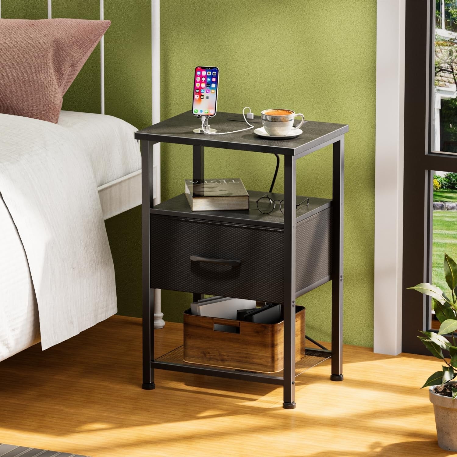 Set of 2 Smart LED Bedside Tables with Drawer, USB & Power Ports