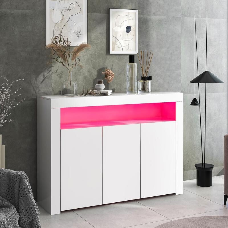 LED Sideboard Cabinet High Gloss White 3-Door Storage Unit with Lights