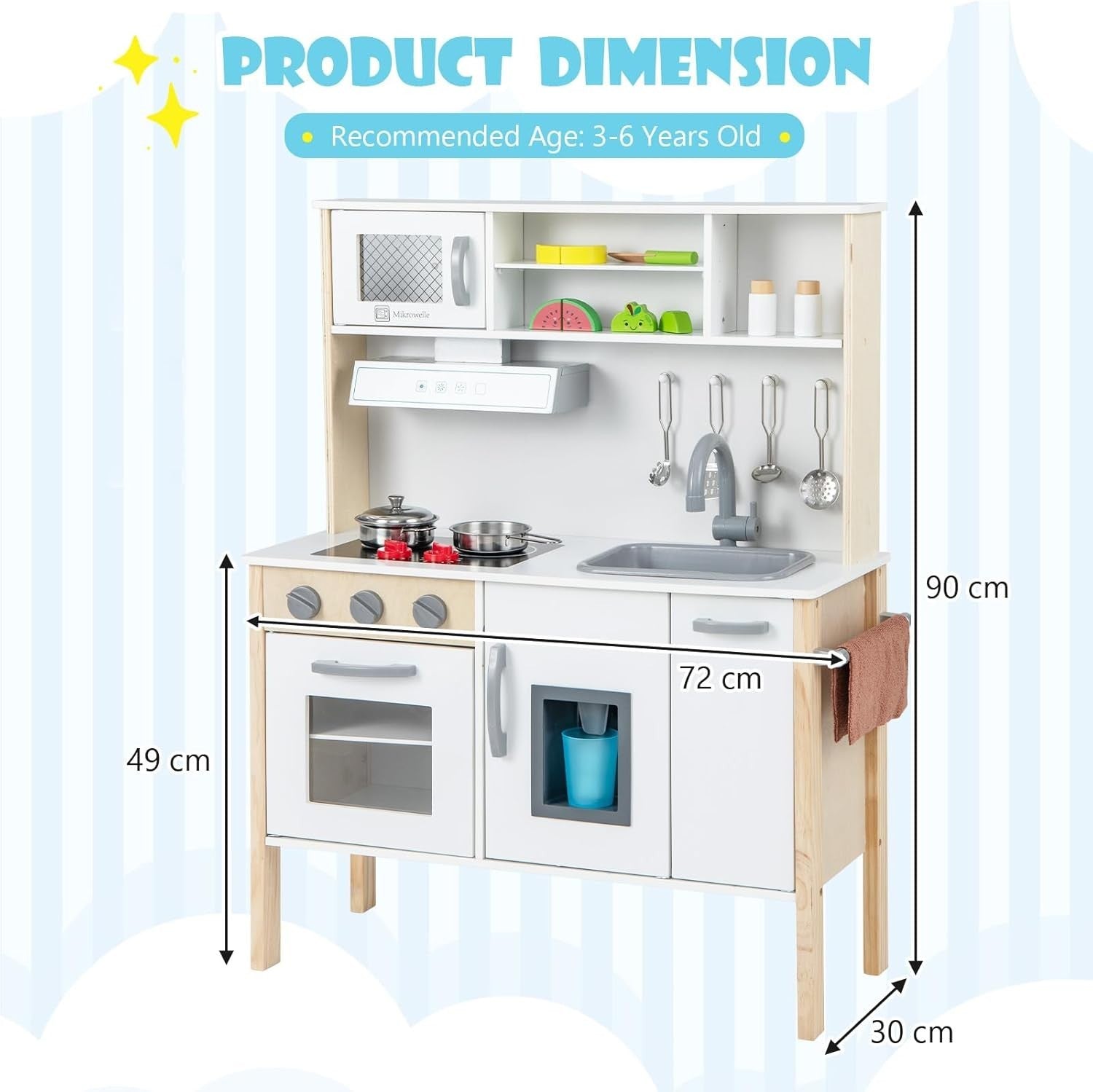 Wooden Kids Play Kitchen White Toy Set Microwave Oven Ice Maker Sound