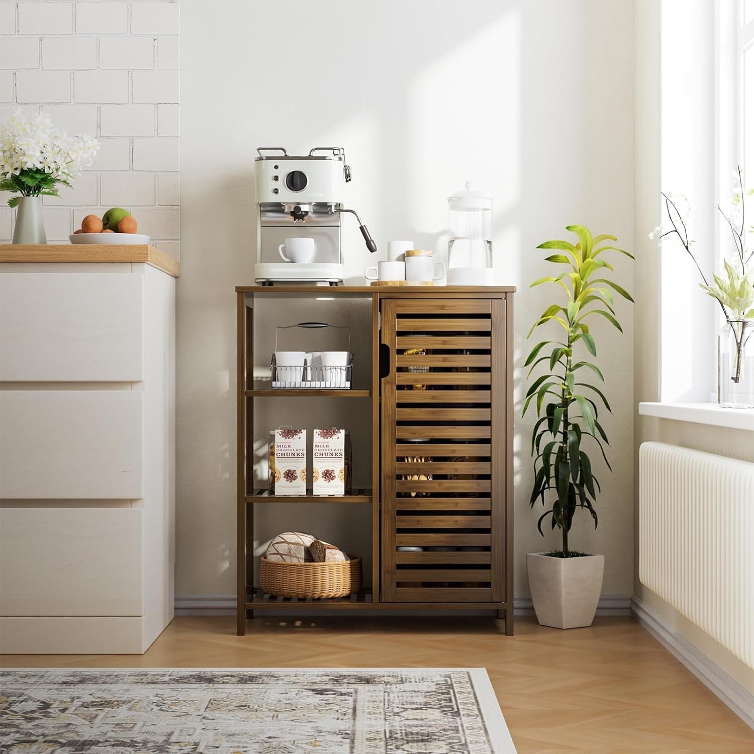 Walnut Bamboo Storage Cabinet with Door & Shelves Modern 63x33x87cm