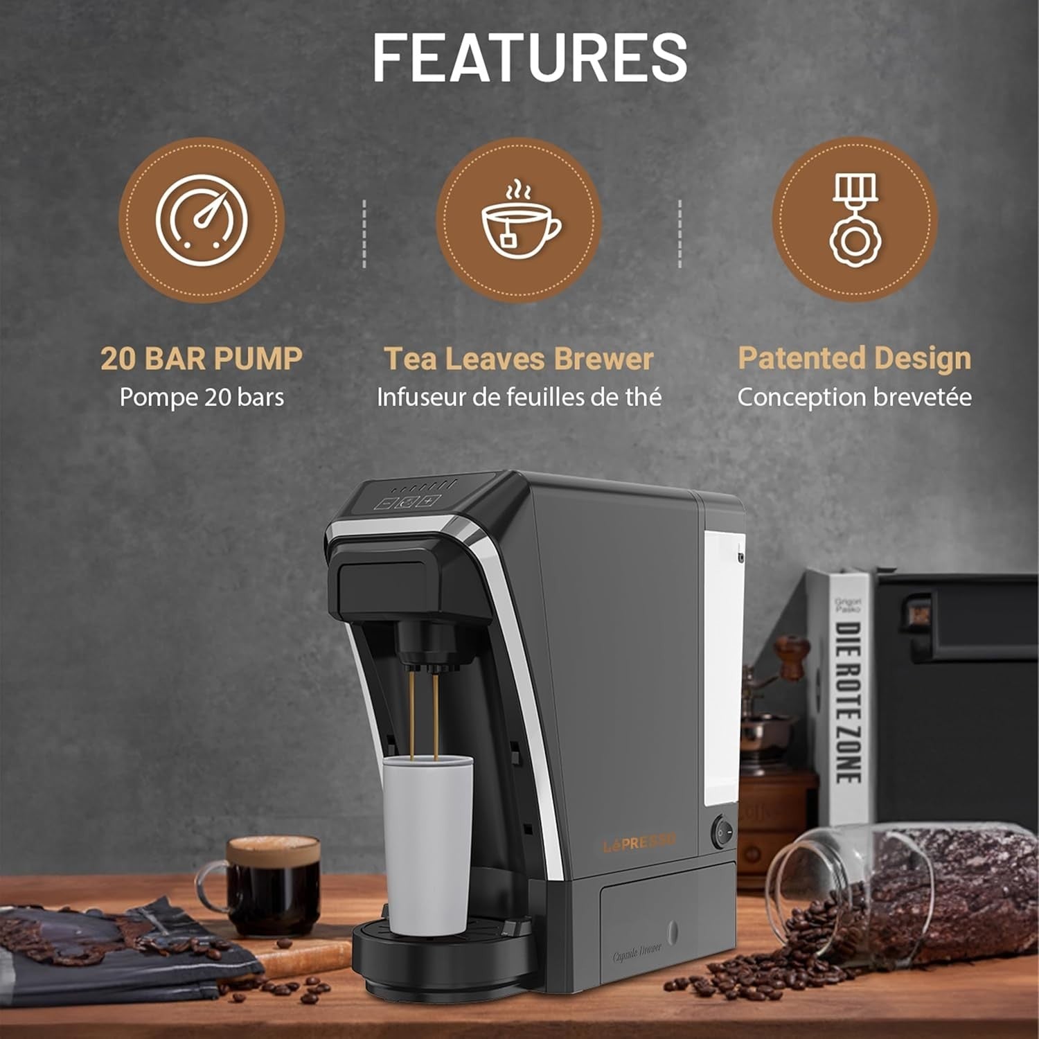 20Bar Multifunctional Coffee Machine 1400W with Keep-Warm Mode & Tea Brewer
