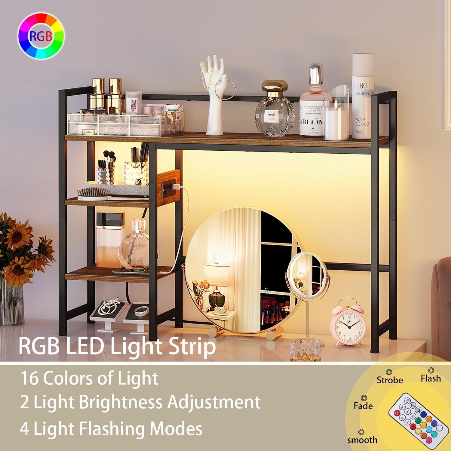 38.6" Desk Hutch Shelf w/ Outlets USB & LED Light 3-Tier Organizer Rustic Brown