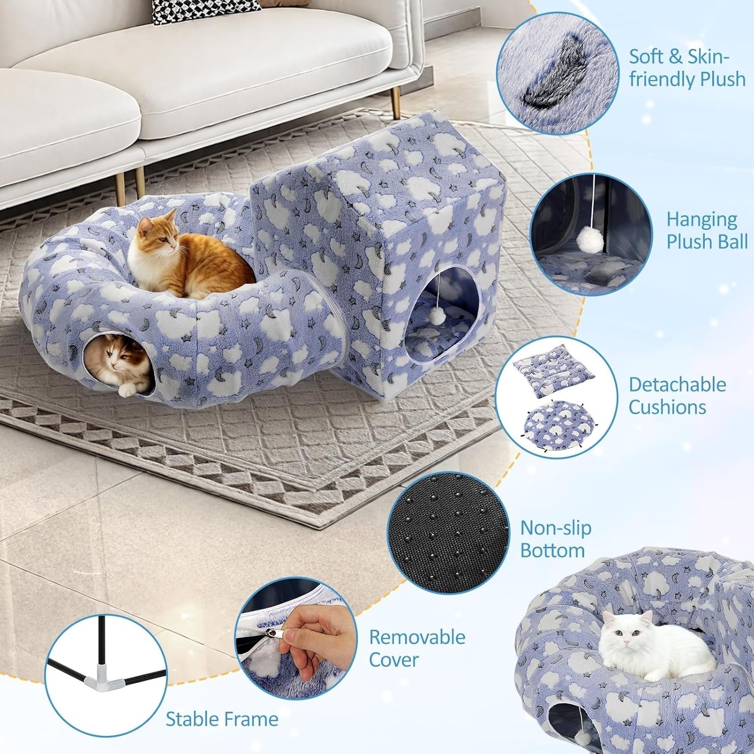 Cat Tunnel Bed Donut Play Tunnel w House Peekaboo Cave Washable Blue