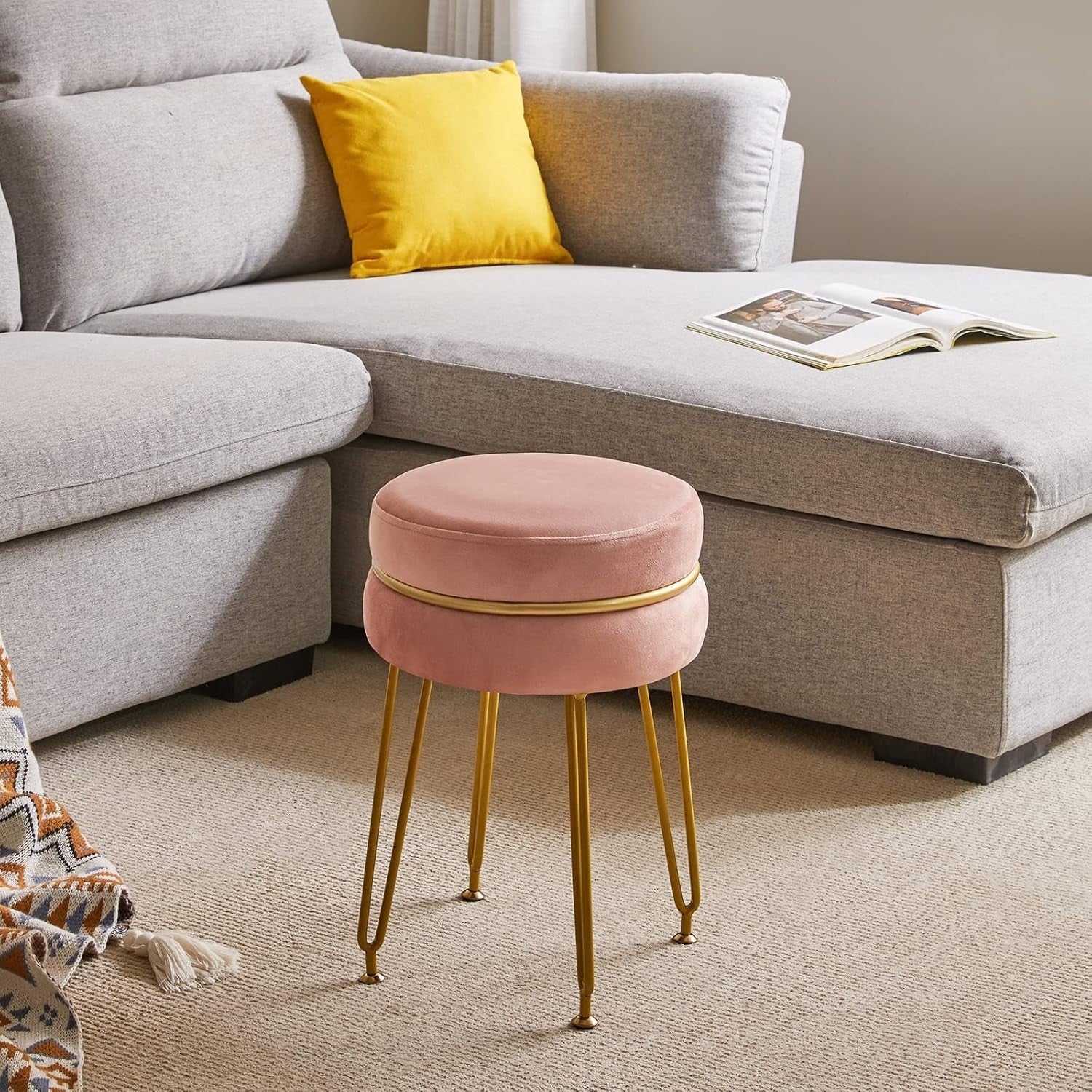 Pink Velvet Round Footstool Ottoman with Gold Legs – Modern Vanity Stool