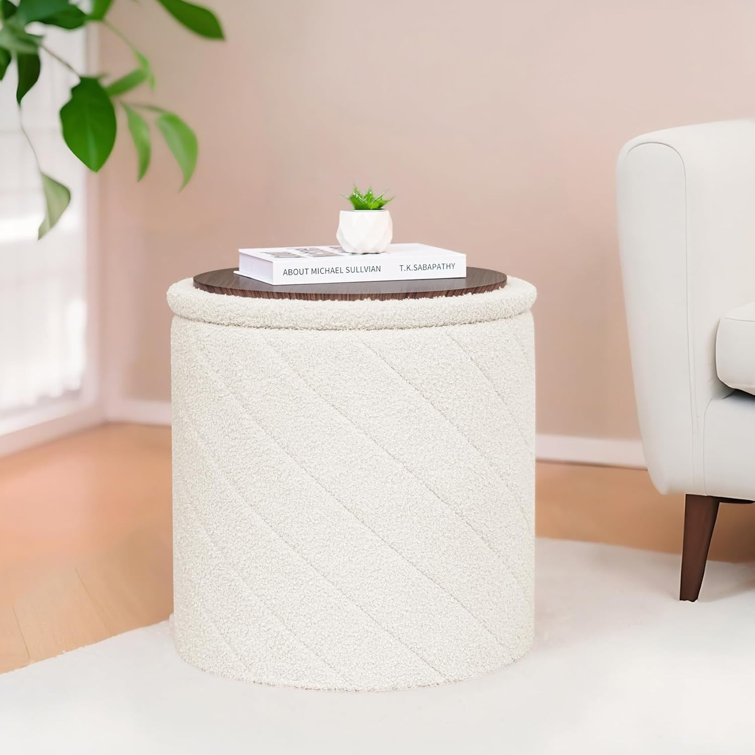 White Boucle Round Storage Ottoman Stool Folding Footrest Vanity Seat
