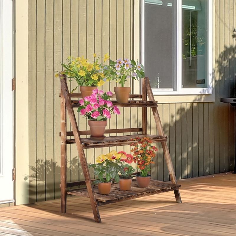 3 Tier Wood Folding Planter Stand Outdoor Flower Display Shelf Rack Garden