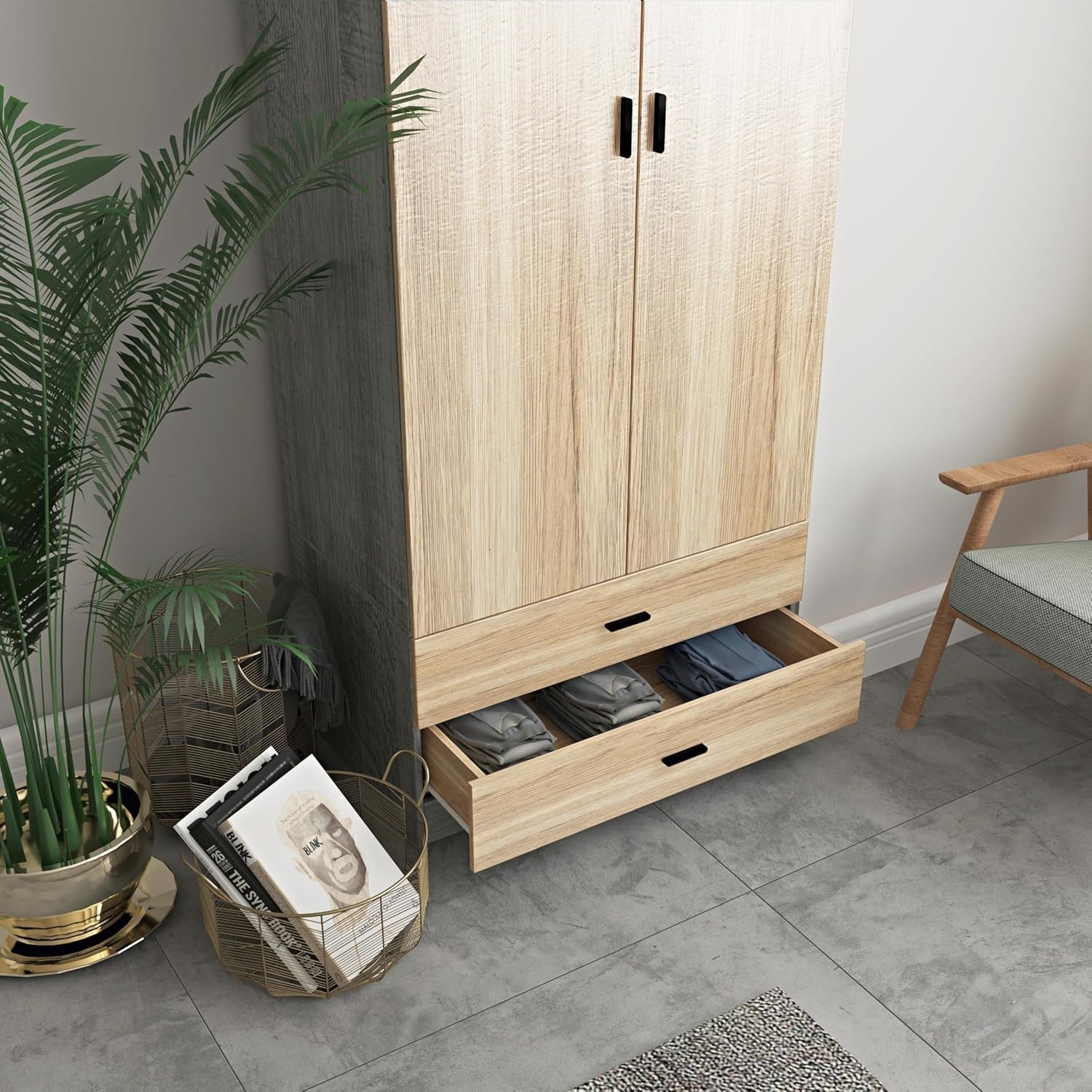 Tall Oak Wardrobe 2 Door 2 Drawer Storage Cabinet for Bedroom Clothes