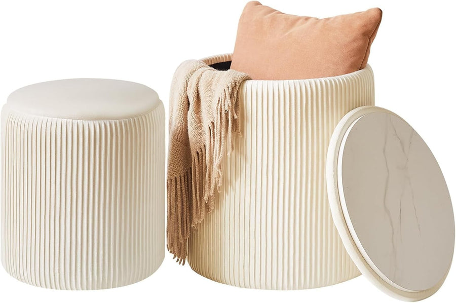 White Velvet Storage Ottoman Set of 2 – Round Vanity Stools & Side Tables