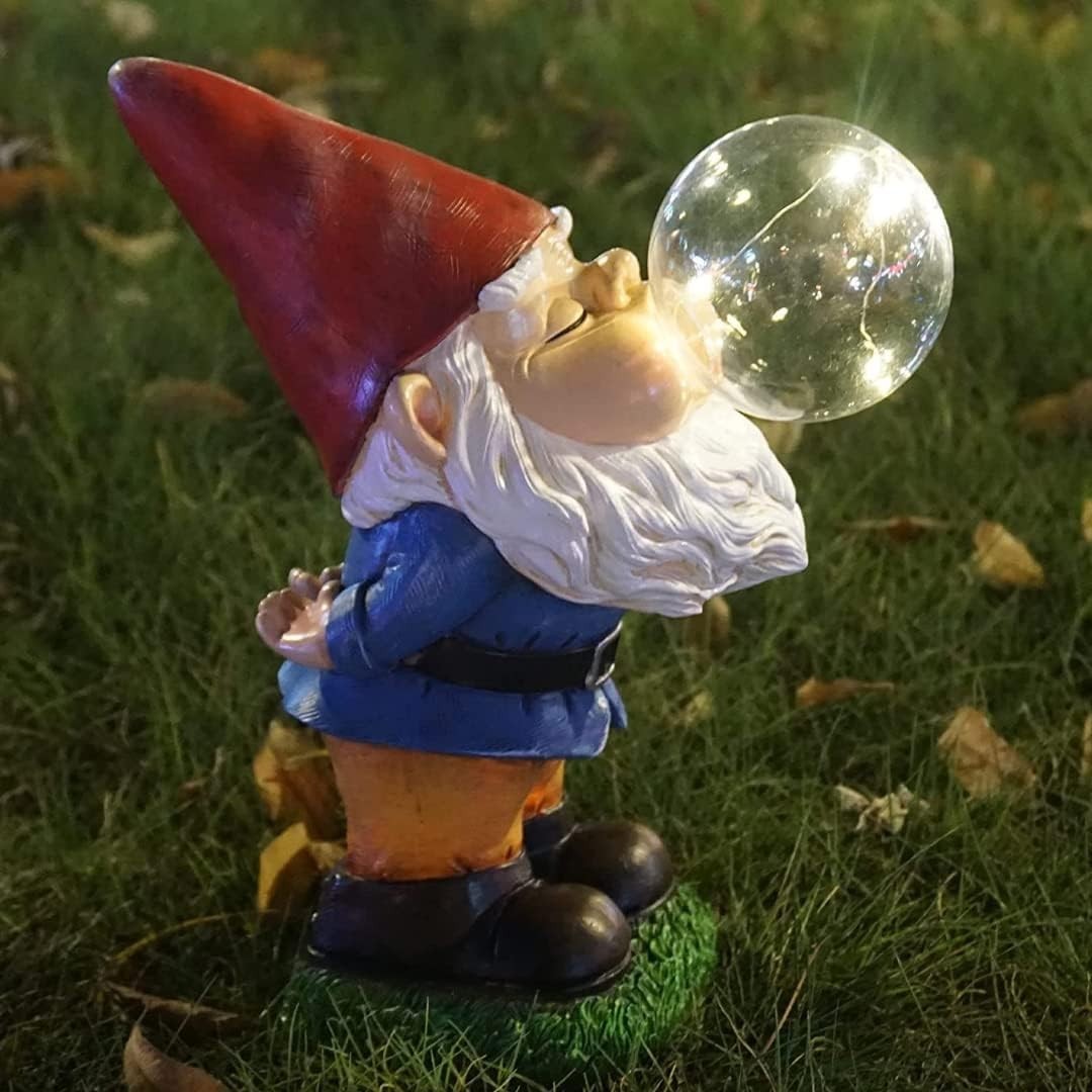 Solar Garden Gnome Bubble Blowing Statue LED Outdoor Lawn Patio Ornament 22cm