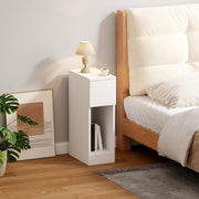 Slim White Bedside Table with Shelf & Drawer, Modern Narrow Nightstand for Small